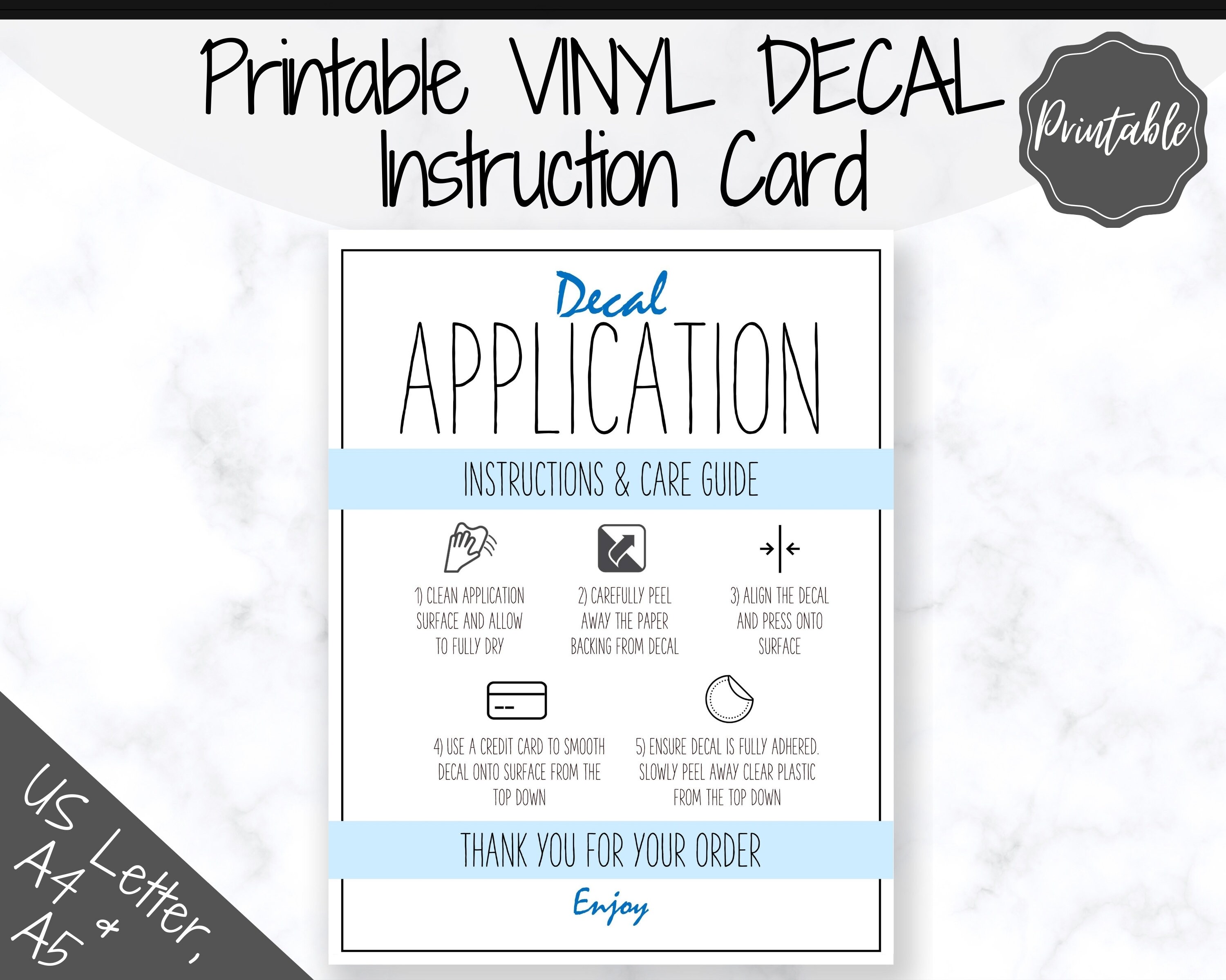 Printable Vinyl Decal Care Card Instructions. Decal Etsy