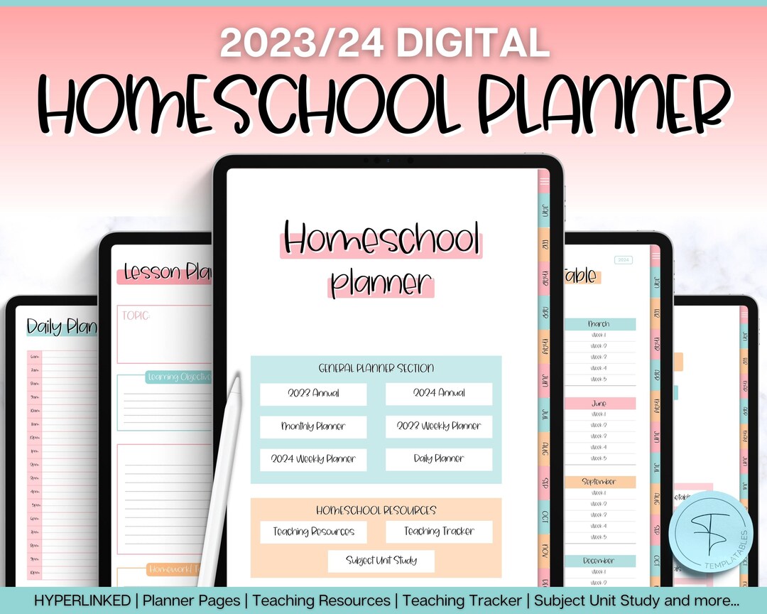 Homeschool Digital Planner, 2023 & 2024, Lesson Plan Template, Home