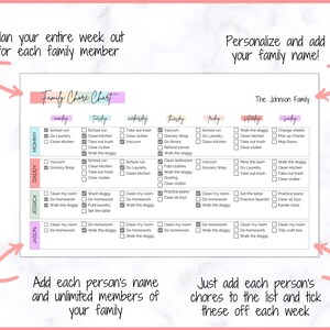 May include: A printable chore chart for families with a colorful design and a checklist for each day of the week. The chart includes a list of chores for each family member, such as "Clean kitchen", "Walk the doggy", and "Do homework". The chart is titled "Family Chore Chart" and includes the text "The Johnson Family".