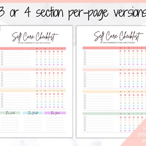 Op de afbeelding: Twee printbare zelfzorg-checklists met een kleurrijk ontwerp. Elke checklist heeft secties voor "Deze week", "Deze maand" en "Dit jaar". De checklists zijn gemarkeerd met "Item 1" en "Item 2".