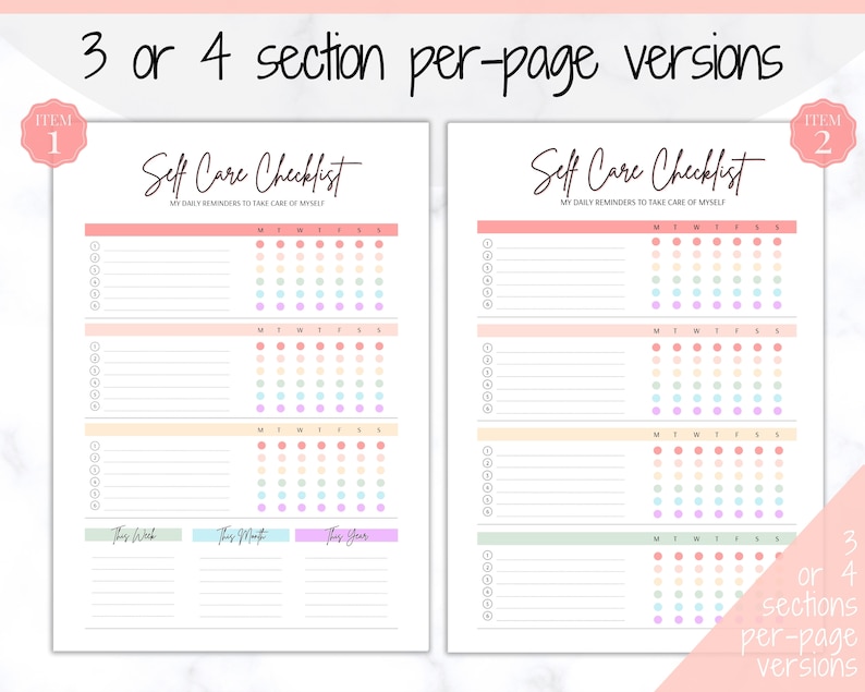Op de afbeelding: Twee printbare zelfzorg-checklists met een kleurrijk ontwerp. Elke checklist heeft secties voor "Deze week", "Deze maand" en "Dit jaar". De checklists zijn gemarkeerd met "Item 1" en "Item 2".
