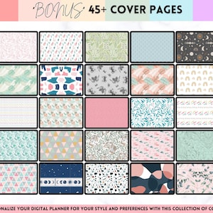 May include: A collection of 45+ digital planner cover pages with various patterns and designs. The covers feature a variety of colors, including pink, blue, green, and gray. The text "BONUS 45+ COVER PAGES" is displayed at the top of the image.