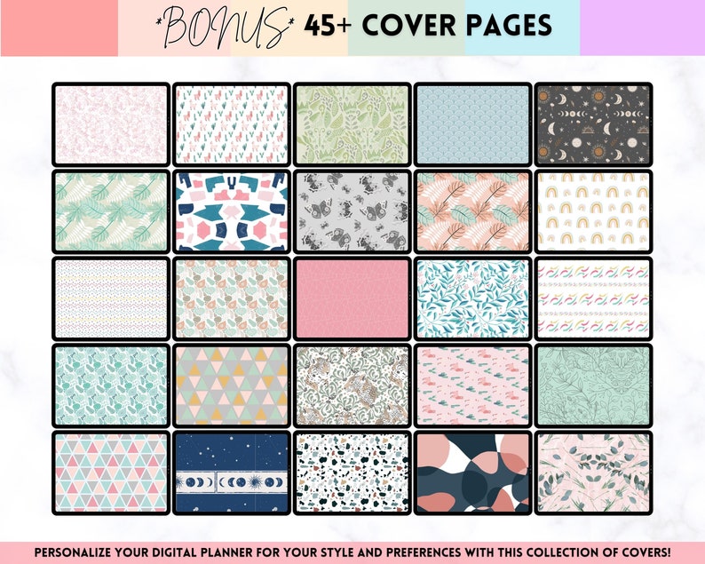 May include: A collection of 45+ digital planner cover pages with various patterns and designs. The covers feature a variety of colors, including pink, blue, green, and gray. The text "BONUS 45+ COVER PAGES" is displayed at the top of the image.