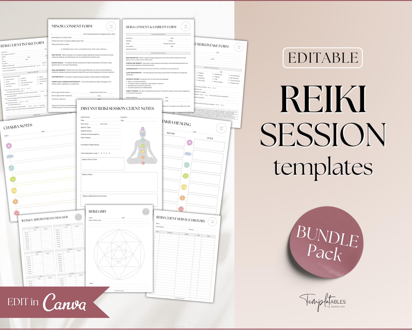 Chakra Clientform EDITABLE Reiki Business Form Template BUNDLE, Intake Forms, Distance ...