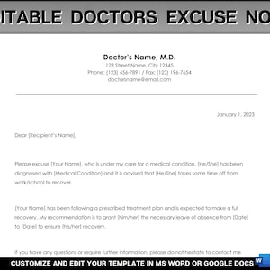 Nota de excusa médica, Plantilla editable, Nota médica falsa, Nota médica para el trabajo, Escuela, Plantilla de Word, Documentos de Google