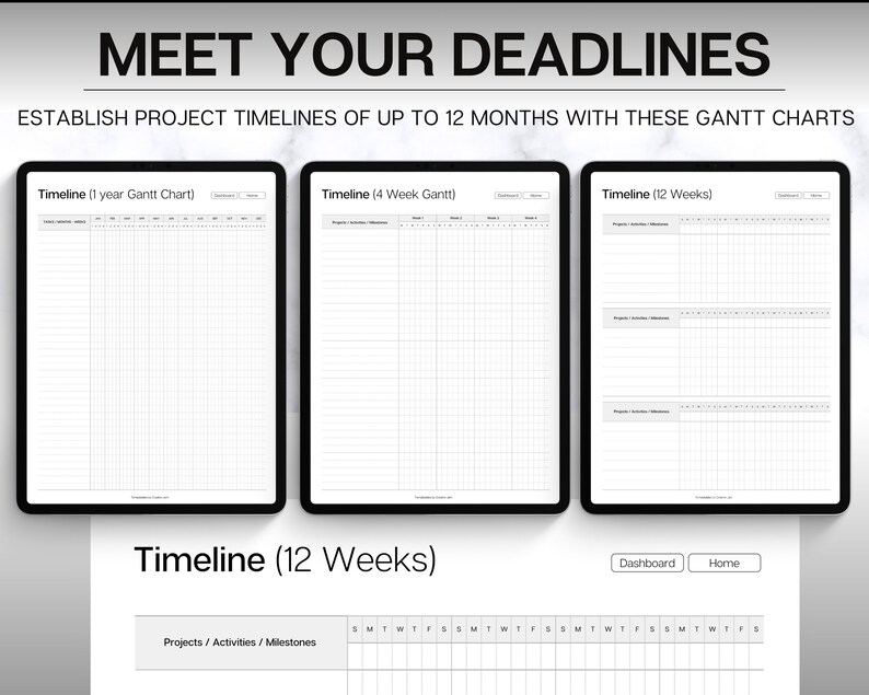 May include: Four black and white Gantt charts for project timelines. The charts are labeled "Timeline (1 year Gantt Chart)", "Timeline (4 Week Gantt)", "Timeline (12 Weeks)", and "Timeline (12 Weeks)". The charts are designed to help users establish project timelines of up to 12 months.
