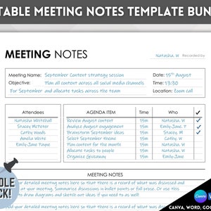 Peut inclure: Ensemble de modèles de notes de réunion modifiables. Une feuille de papier blanche avec un en-tête bleu qui dit "Notes de réunion". Le document est divisé en sections pour les participants, les points à l'ordre du jour, l'heure, qui et les notes de réunion. Le document est conçu pour être utilisé pour l'enregistrement des procès-verbaux de réunion.
