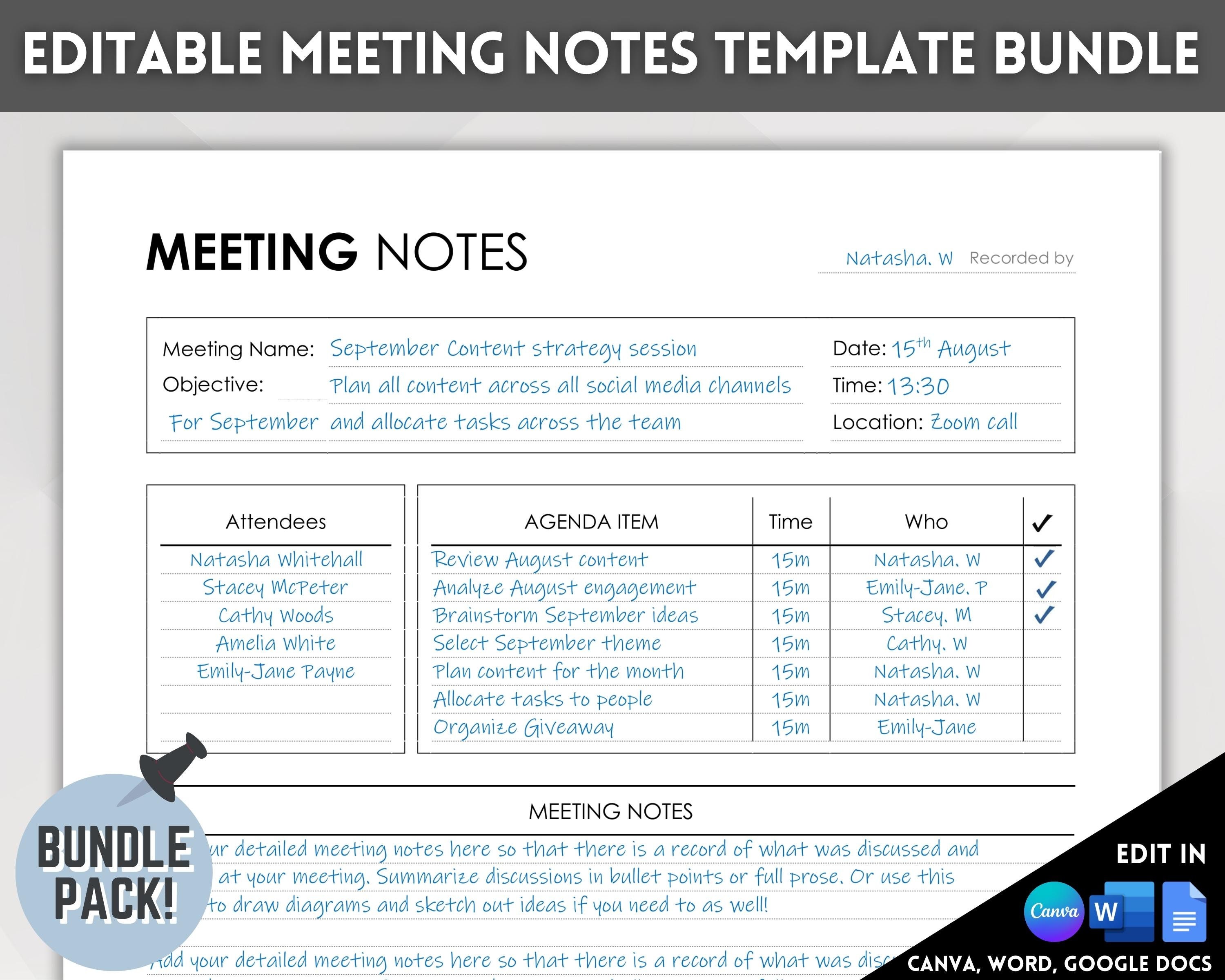 Editable Meeting Notes Template, Printable Business Meeting