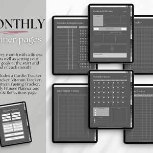 May include: A set of printable digital planner pages for tracking fitness goals. The pages include sections for vitamins and supplements, intermittent fasting, monthly fitness, cardio tracker, step tracker, vitamin tracker, and goals and reflections.