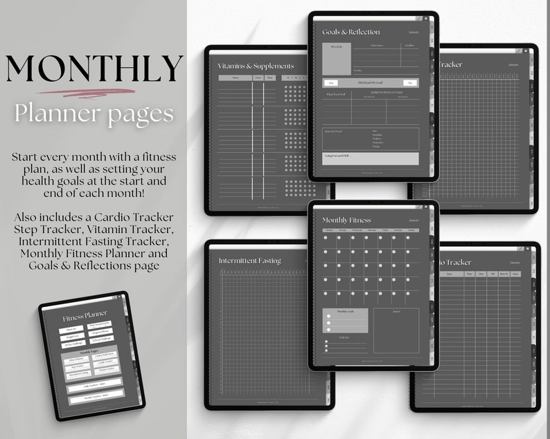 May include: A set of printable digital planner pages for tracking fitness goals. The pages include sections for vitamins and supplements, intermittent fasting, monthly fitness, cardio tracker, step tracker, vitamin tracker, and goals and reflections.