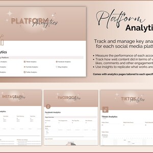 May include: A light brown presentation slide with the title "Platform Analytics" and a description of how to track and manage key analytics for each social media platform. The slide also includes a list of the different social media platforms that are included in the analytics package, such as Instagram, Facebook, TikTok, YouTube, Twitter, and Pinterest.