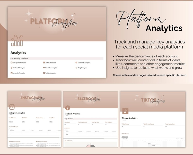 May include: A light brown presentation slide with the title "Platform Analytics" and a description of how to track and manage key analytics for each social media platform. The slide also includes a list of the different social media platforms that are included in the analytics package, such as Instagram, Facebook, TikTok, YouTube, Twitter, and Pinterest.