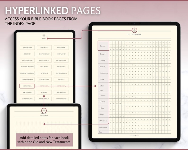 May include: A digital planner for organizing Bible study notes. The planner features a grid with each book of the Old Testament listed on the left side and numbered chapters across the top. The text "OLD TESTAMENT" is at the top of the grid.