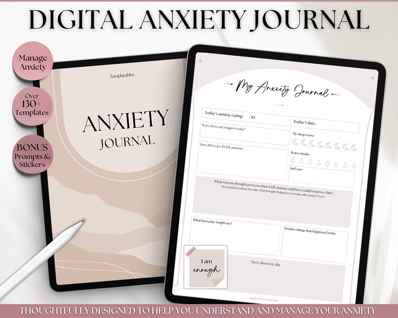 Digital Anxiety Journal, Anxiety Worksheets, GoodNotes Anxiety Relief Workbook, Guided Prompts, CBT Therapy Notebook, Mental Health Wellness