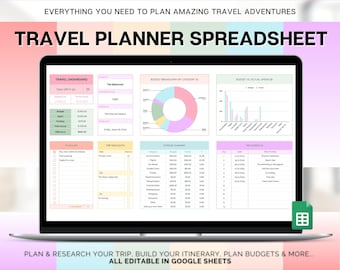 Travel Spreadsheet, Digital Travel Planner, Travel Journal, Trip Itinerary Template, Vacation Travel Budget, Packing List, Google Sheets