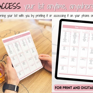 May include: A printable and digital travel packing list with a pink and white design. The list is divided into categories such as toiletries, clothing, electronics, and documents. The text "FOR PRINT AND DIGITAL USE!" is at the bottom of the page.