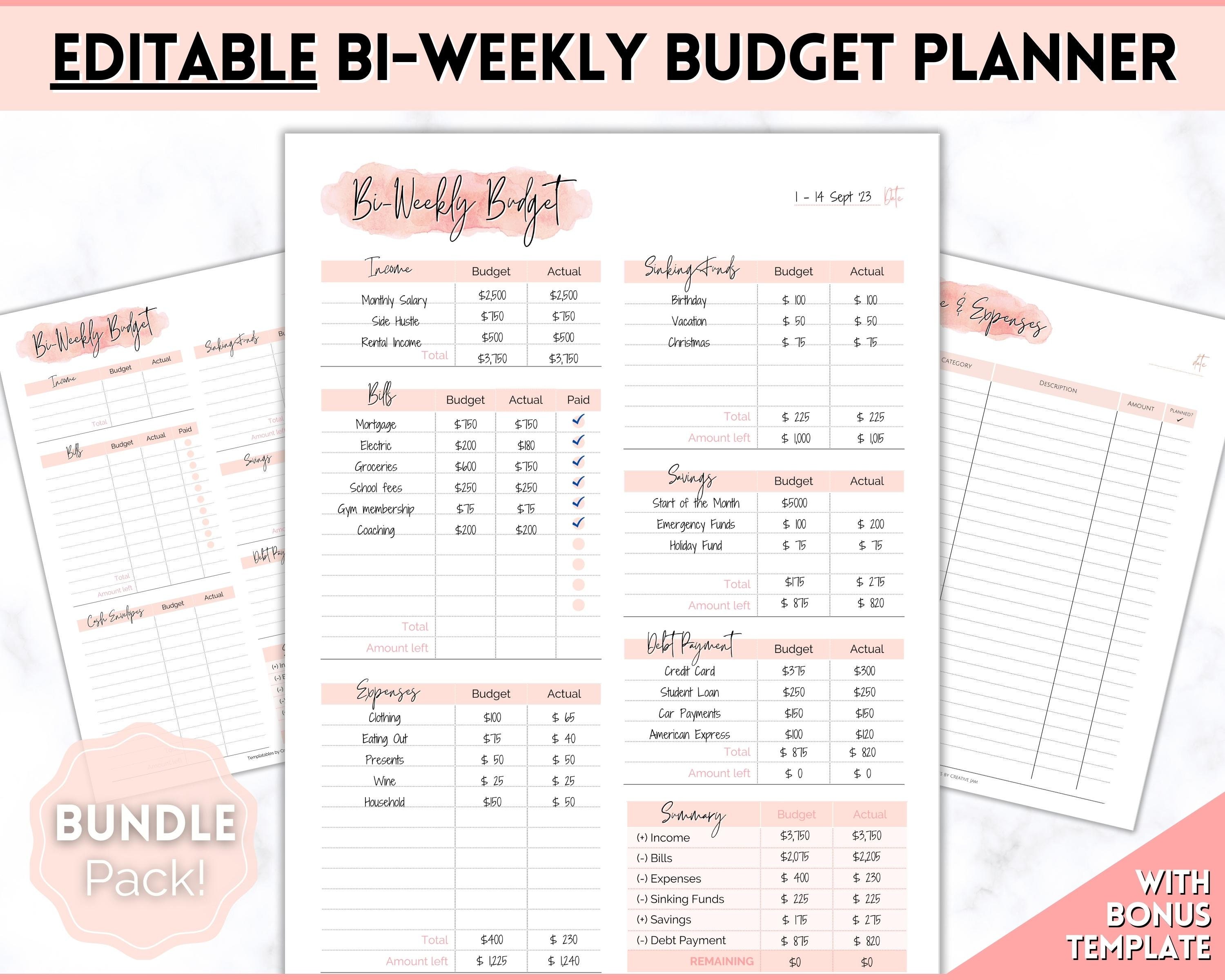 EDITABLE Biweekly Budget Planner, Bi-weekly Template, PDF Printable Paycheck Budget Tracker, Finance Planner, Zero Based, Sheet Binder