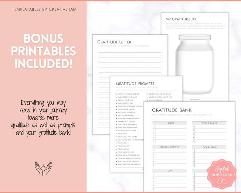 May include: Printable gratitude journal templates with a pink background. The templates include a gratitude letter, gratitude prompts, a gratitude jar, and a gratitude bank.