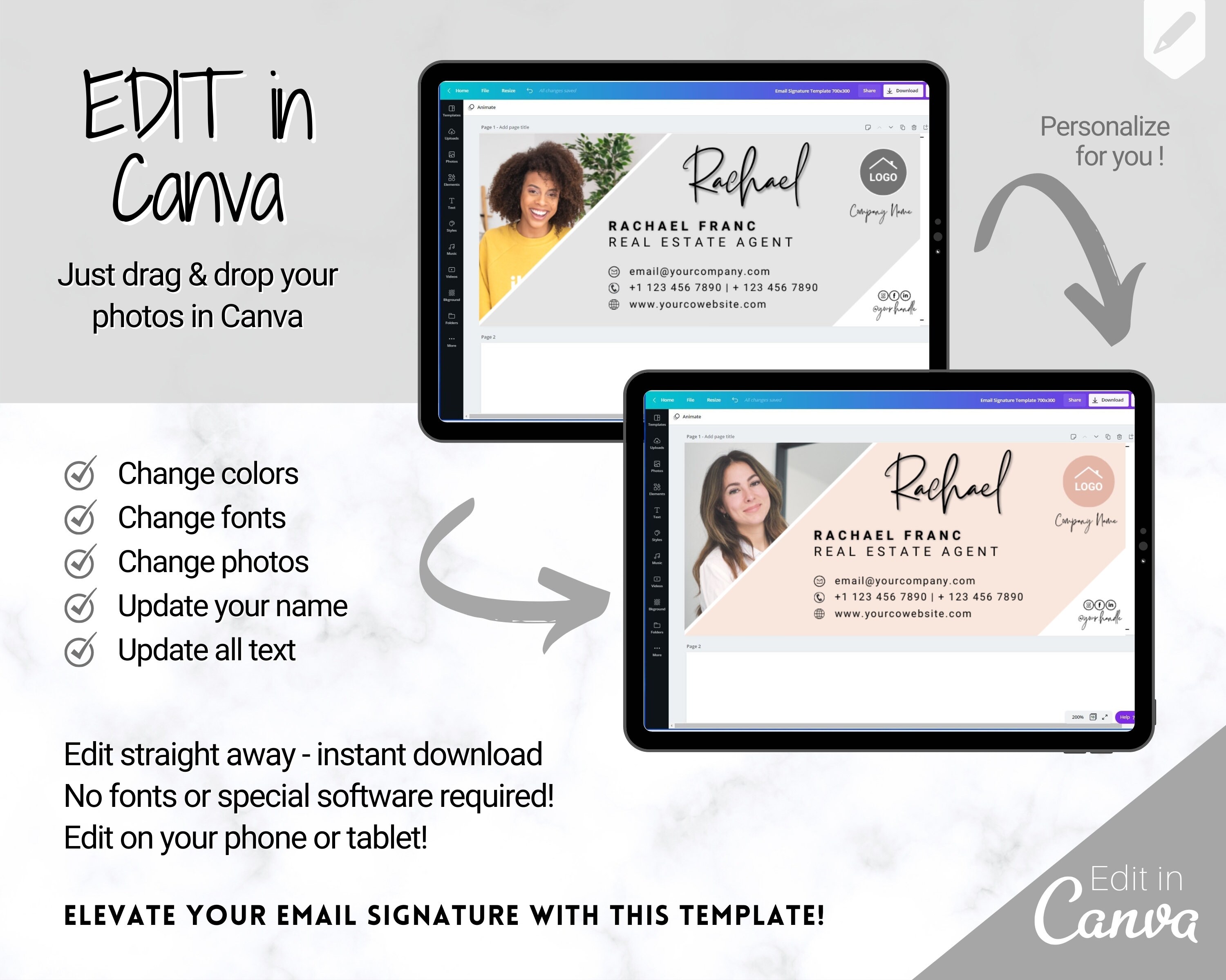 Email Signature Template BUNDLE Add Logo & photo Editable | Etsy
