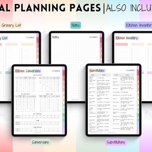 May include: Printable meal planning pages with a colorful design. Includes grocery list, notes, kitchen inventory, kitchen conversions, and substitutions.