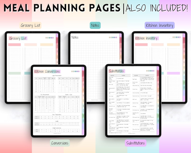 May include: Printable meal planning pages with a colorful design. Includes grocery list, notes, kitchen inventory, kitchen conversions, and substitutions.