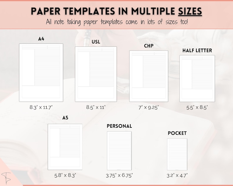 Puede incluir: Un gr&aacute;fico que muestra diferentes tama&ntilde;os de papel para plantillas de toma de notas. Los tama&ntilde;os est&aacute;n etiquetados como A4, USL, CHP, Media Carta, A5, Personal y Bolsillo. Las dimensiones de cada tama&ntilde;o se enumeran en pulgadas.
