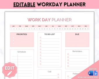 EDITABLE Daily Planner, Work Day Organizer, Work from home To Do List, Printable Business Planner, Office Organizer, Digital Work Schedule