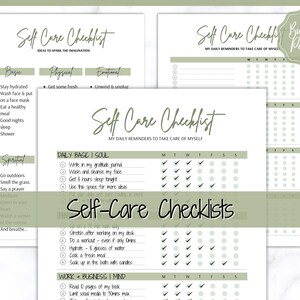 May include: A printable self-care checklist with a green and white color scheme. The checklist includes daily basic, spiritual, work, and business sections. Each section has a list of self-care activities to complete each day of the week.