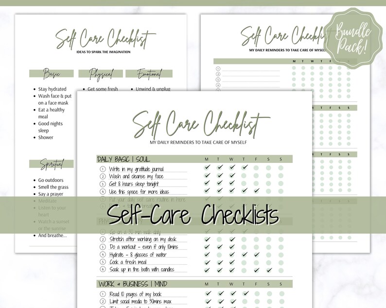 May include: A printable self-care checklist with a green and white color scheme. The checklist includes daily basic, spiritual, work, and business sections. Each section has a list of self-care activities to complete each day of the week.