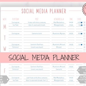 May include: A printable social media planner with a pink and white marble background. The planner includes sections for the week, platform, post, keywords, time, and stats. The planner is available in multiple colors and includes a monthly version and bonus sheets.