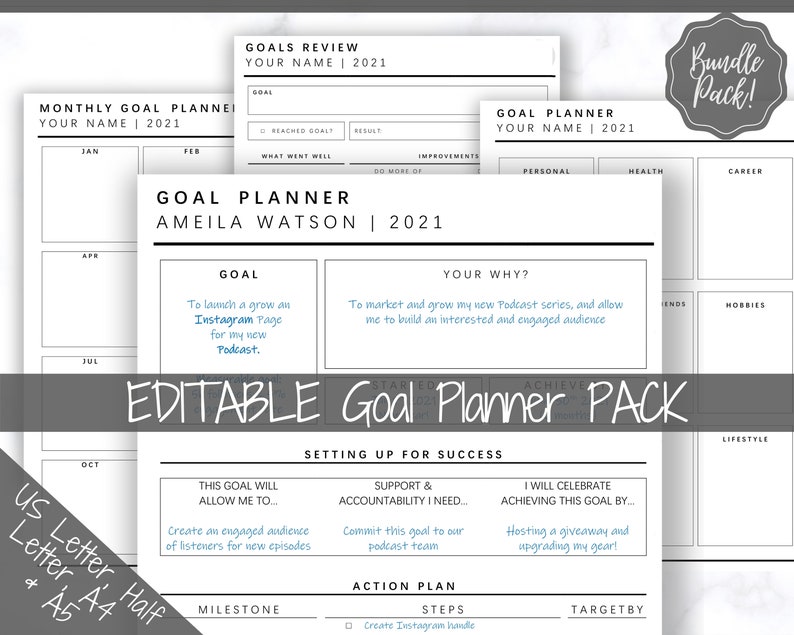 EDITABLE Goal Planner 2022 Goals Tracker Goal Planner Kit Etsy UK