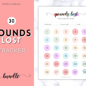 Pounds Lost Tracker, 30 lbs, Pack of 5 Weight Loss Trackers, 10 20, 30, 50, 100, Printable Weight Loss Chart, Fitness Journal, Diet Habit