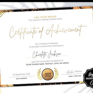 Certificate of Achievement Template, Editable GOLD Certificate of Completion, Award Recognition, Hair, Massage, Lashes Course, Training