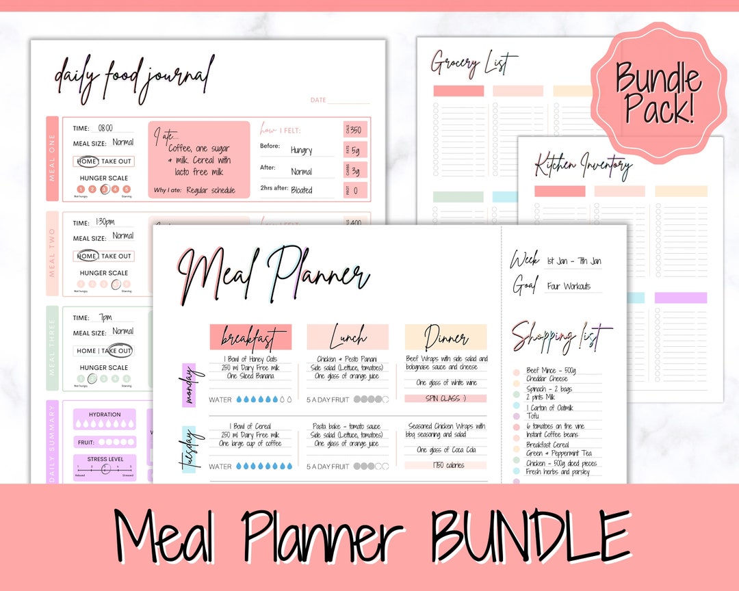 Meal Planner BUNDLE, Colorful Weekly Food Diary, Meal Tracker Printable ...