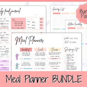 May include: A printable meal planner bundle featuring a pink, yellow and blue colour scheme. The bundle includes a daily food journal, grocery list, kitchen inventory and shopping list. The text "Meal Planner Bundle" is printed in large, bold letters at the bottom of the page.