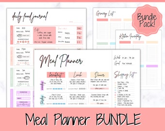 Meal Planner BUNDLE, Colorful Weekly Food Diary, Meal Tracker Printable, Daily Food Journal, Menu Plan, Prep! Grocery, Fitness Diet Wellness