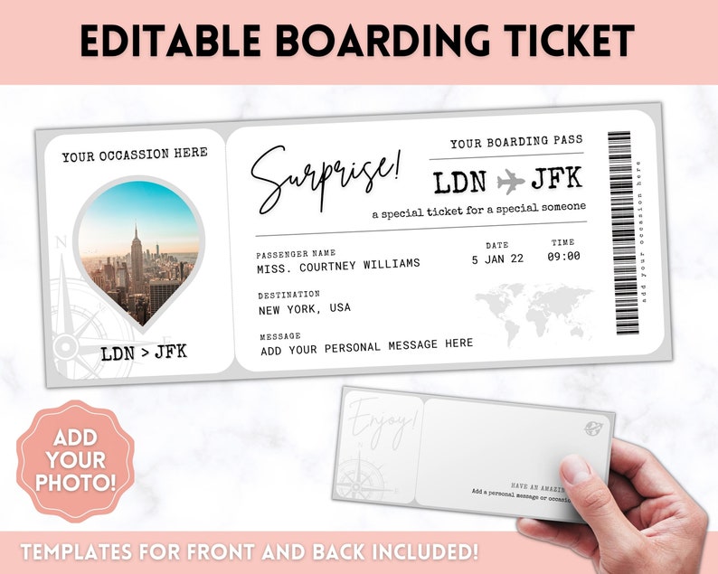 EDITABLE Boarding Ticket Template, Surprise Boarding Pass, Plane Ticket Vacation, Airline, Trip, Flight Gift, Holiday Destination, Fake, Mom image 1