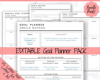 May include: Editable goal planner printable pack with a pink and white color scheme. The planner includes sections for monthly goals, goal review, goal setting, and action plan. The text "Editable Goal Planner Pack" is written in a pink box.