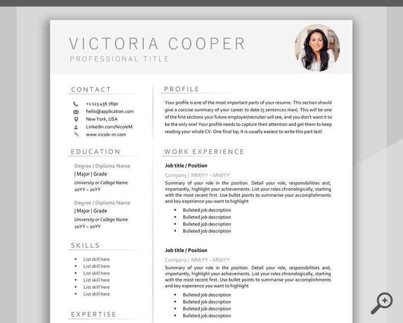 May include: A resume template with a professional design. The template includes sections for contact information, education, skills, expertise, work experience, and a profile section. The template is designed to help job seekers create a visually appealing and informative resume.