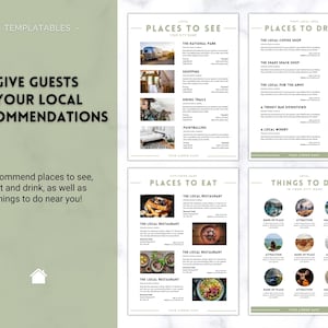 May include: A printable guide with a green background and gold text. The guide is titled "Give Guests Your Local Recommendations". It includes sections for places to see, places to eat, places to drink, and things to do in your city.
