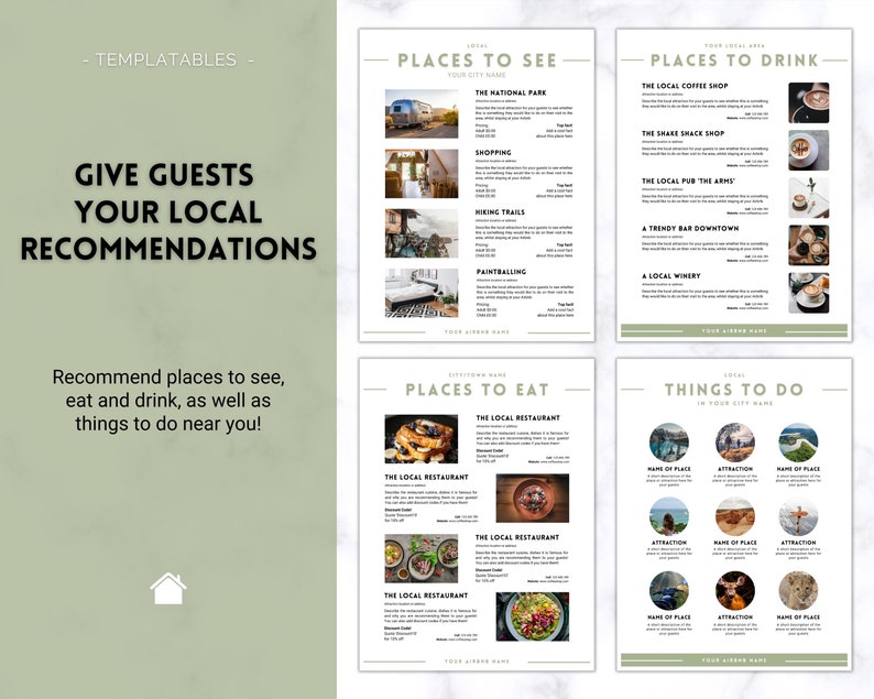 May include: A printable guide with a green background and gold text. The guide is titled "Give Guests Your Local Recommendations". It includes sections for places to see, places to eat, places to drink, and things to do in your city.