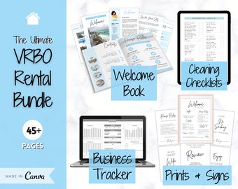 Ultimate VRBO Template BUNDLE! Editable Vacation Rental Sign, Welcome Book Template, Airbnb Cleaning checklist, Business Tracker Spreadsheet