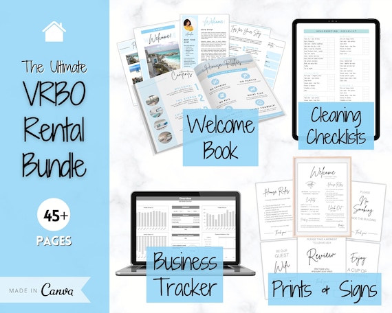 Ultimate VRBO Template BUNDLE! Editable Vacation Rental Sign, Welcome Book Template, Airbnb Cleaning checklist, Business Tracker Spreadsheet