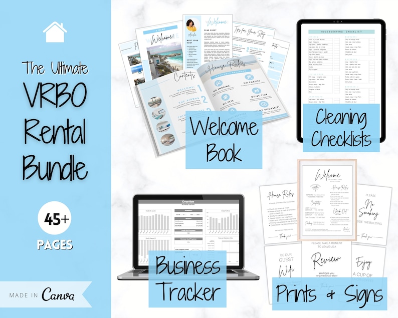 Op de afbeelding: Een digitale marketingbundel voor VRBO-verhuurders. De bundel bevat een welkomstboek, schoonmaakchecklists, een zakelijke tracker en afdrukbare borden. De bundel heeft meer dan 45 pagina's en is gemaakt met Canva.
