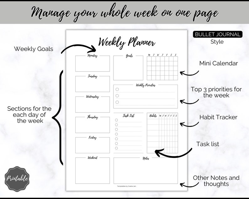 Weekly Planner Bullet Journal Template Bujo Weekly Schedule - Etsy