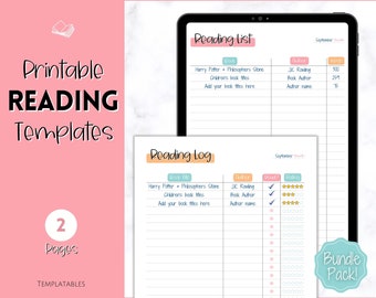 May include: A digital download featuring printable reading templates. The templates include a reading list and a reading log, with fields for book title, author, and page count. The design is on a pink background with the text "Printable READING Templates".