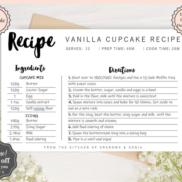 EDITABLE Recipe Card template, Recipe Template, Recipe Cards Printable, Simple, Retro, 4x6, Insert, Minimal, Sheet, Recipe Box, Sheet, Book