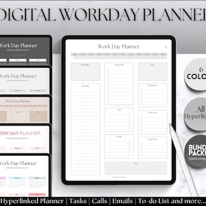 Könnte beinhalten: Eine digitale Tagesplaner-Vorlage auf einem Tablet-Bildschirm. Der Planer enthält Abschnitte für Prioritäten, Zeitplan, Erinnerungen, Anrufe, Nachverfolgung, E-Mails, To-Do-Liste und Notizen. Der Text "Work Day Planner" befindet sich oben auf dem Bildschirm. Der Text "6 Colors" und "All Hyperlinked" befindet sich in Kreisen auf der rechten Seite des Bildschirms. Der Text "Bundle Pack! Templates" befindet sich in einem Kreis unten rechts auf dem Bildschirm. Der Text "Hyperlinked Planner | Tasks | Calls | Emails | To-do List and more..." befindet sich unten auf dem Bildschirm.