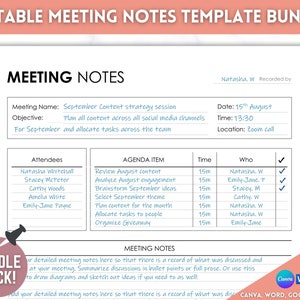 May include: Editable meeting notes template bundle. A printable worksheet with a checklist for a September content strategy session. The worksheet includes sections for attendees, agenda items, time, who, and meeting notes.