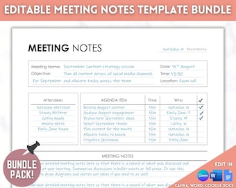 Modello di note di riunione modificabili, Verbali di riunioni aziendali stampabili, Record di progetto, Agenda, Prendere appunti, Zoom, Canva, Word, PDF di Google Docs